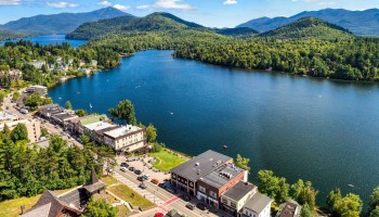 aerial view of commercial space in front of Mirror Lake Lake Placid, NY