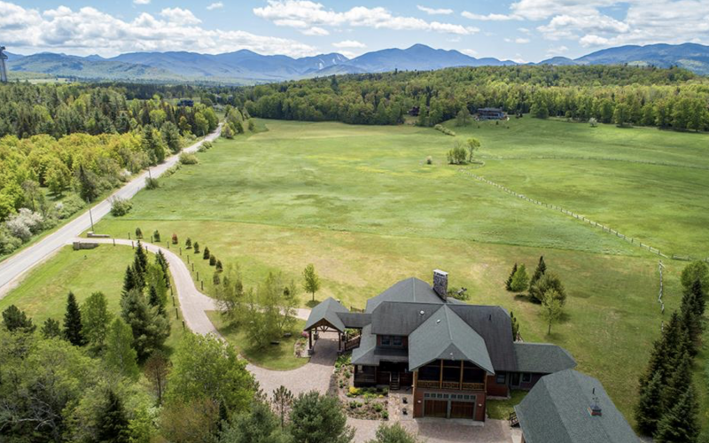 aerial view of the John Brown road property with Adirondack Mountain Views